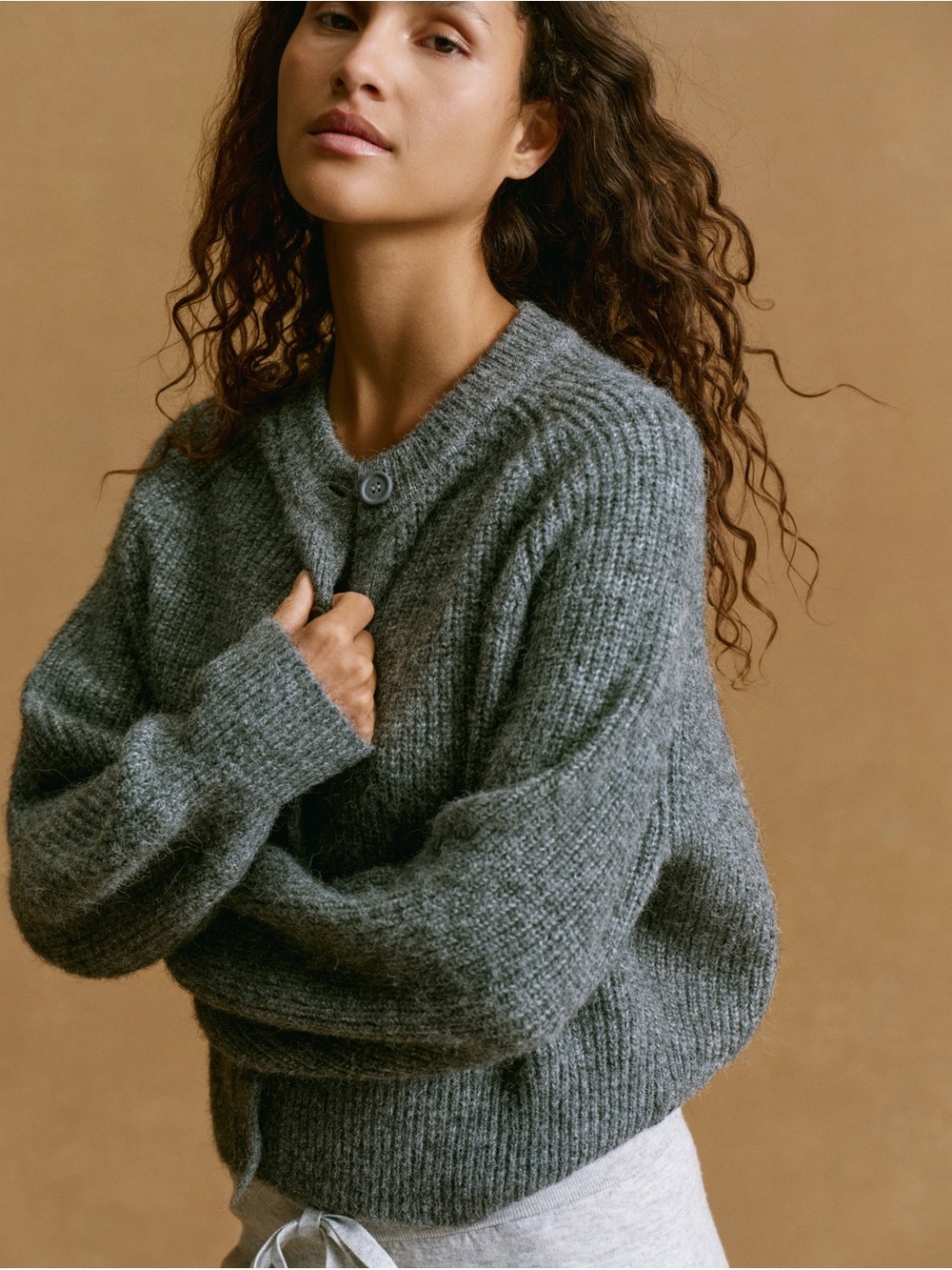 Adanola Button-Up Ribbed Cardigan - Grey Melange